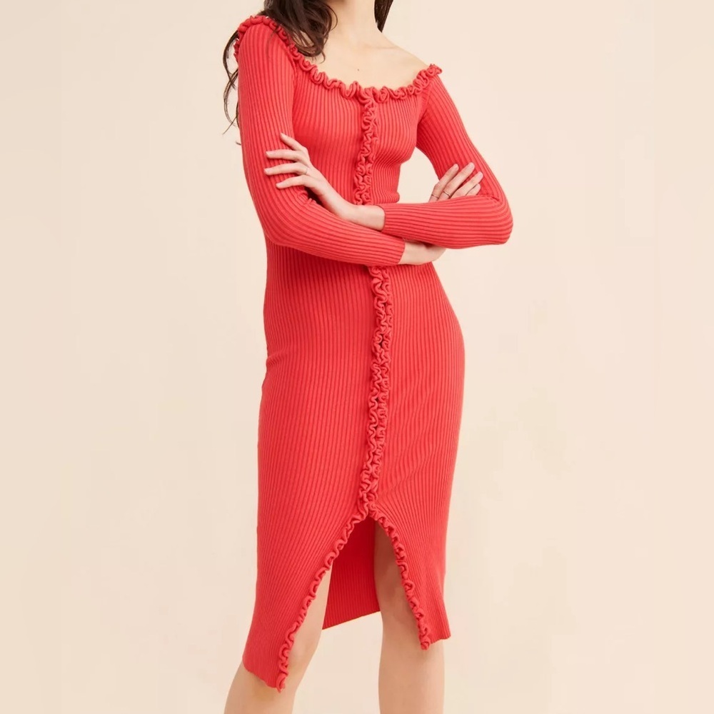 NWT Find Me Now Charlie Ruffle Knit Dress Small S Coral‎ Transitional Fall